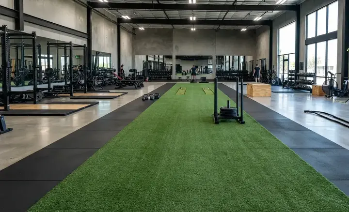 Professionally installed commercial gym turf featuring seamless transitions, smooth sled lanes, and flawless craftsmanship