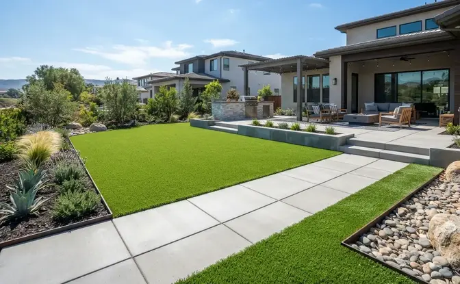 Professional hardscape and artificial turf installation showing excavation, paver installation, and completed landscape integration