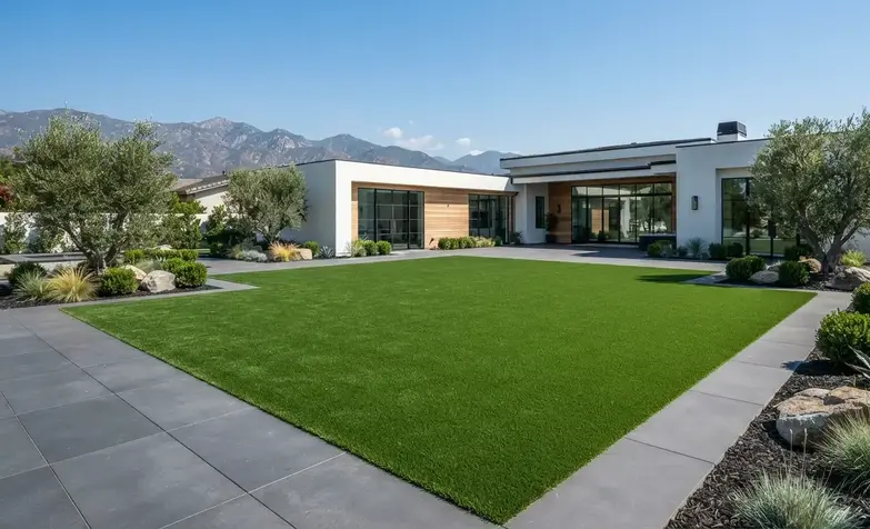 Professionally designed artificial turf and hardscape installation at a Southern California home