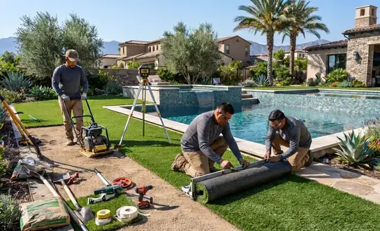 Professional turf installation crew working on a luxury poolside artificial turf project in a modern Inland Empire backyard