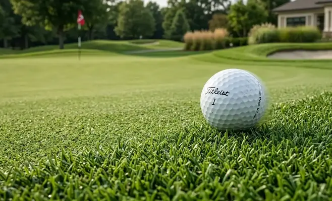 Close-up of a golf ball rolling smoothly across a professionally engineered synthetic putting green surface