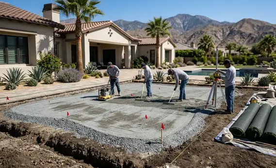 Backyard putting green under construction showing excavation, base layers, and contour shaping