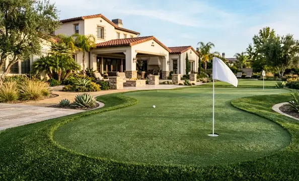 Finished backyard putting green with smooth contours and flagstick