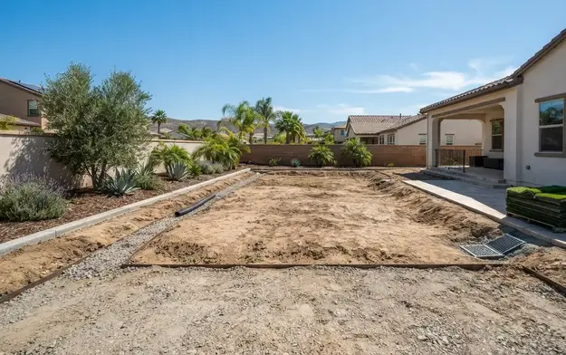 Artificial turf installation site showing Southern California soil conditions and professional foundation preparation in the Inland Empire