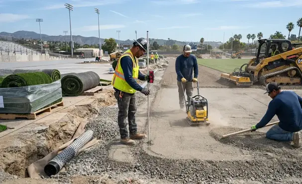 Engineered sports turf base construction and athletic field preparation