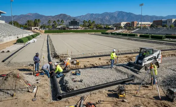 Engineered drainage system beneath professional artificial sports turf field