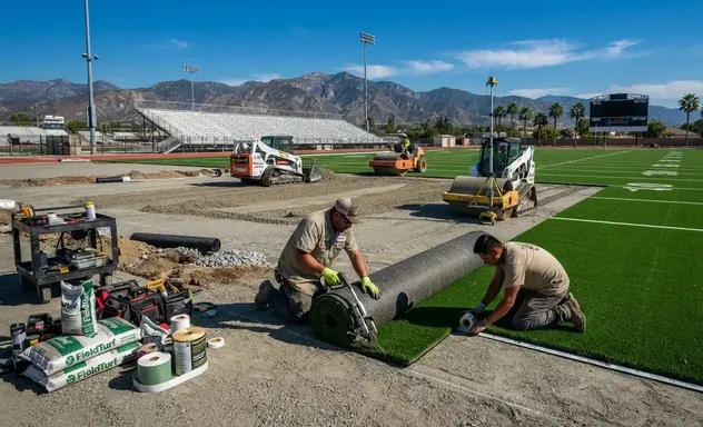 Athletic field replacement transforming a worn natural grass football field into a professionally installed artificial sports turf field in the Inland Empire