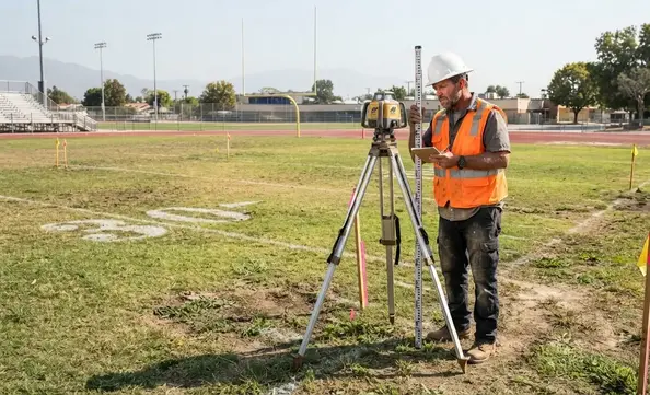 Professional sports turf contractor performing an athletic field site evaluation before artificial turf construction