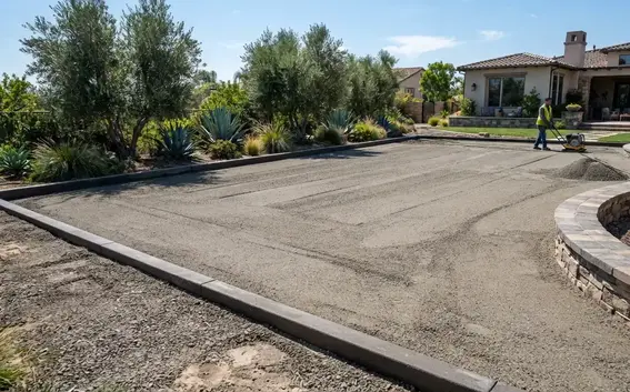 Compacted aggregate base preparation for artificial turf installation showing professional grading and foundation work