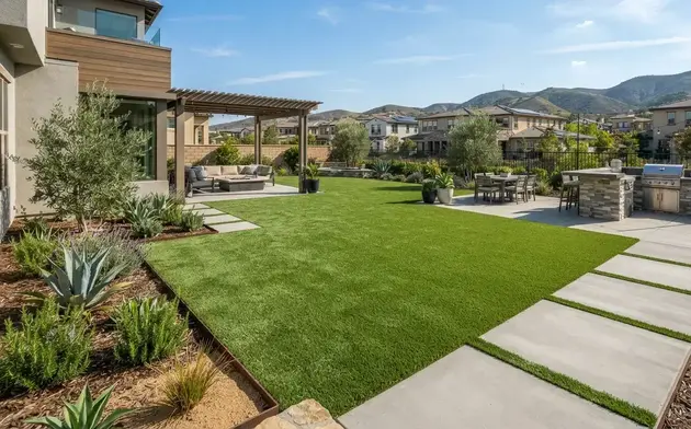 Luxury Southern California backyard with professionally installed artificial turf integrated with pavers and concrete patio using proper grading and drainage planning