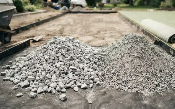 Artificial turf foundation materials including aggregate and drainage rock prepared for professional installation