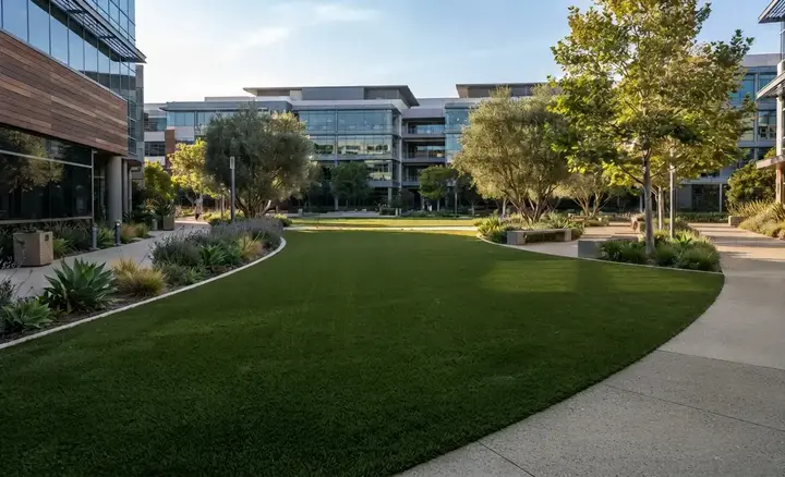 Commercial artificial turf maintaining a vibrant appearance after years of heavy pedestrian traffic