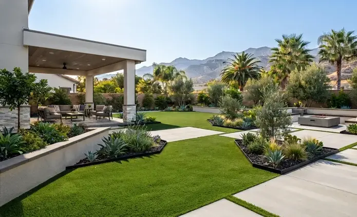 Luxury Inland Empire backyard featuring artificial turf integrated with pavers, retaining walls, decorative stone, and outdoor living spaces