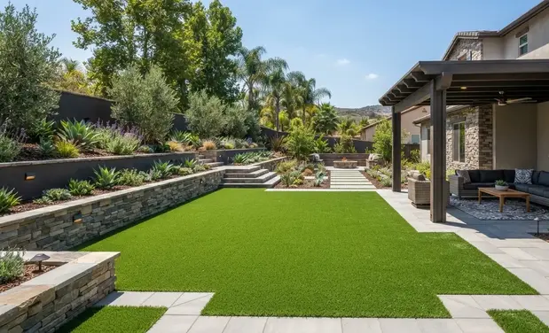 Luxury backyard featuring professionally integrated artificial turf, paver patio, retaining walls, and outdoor living space