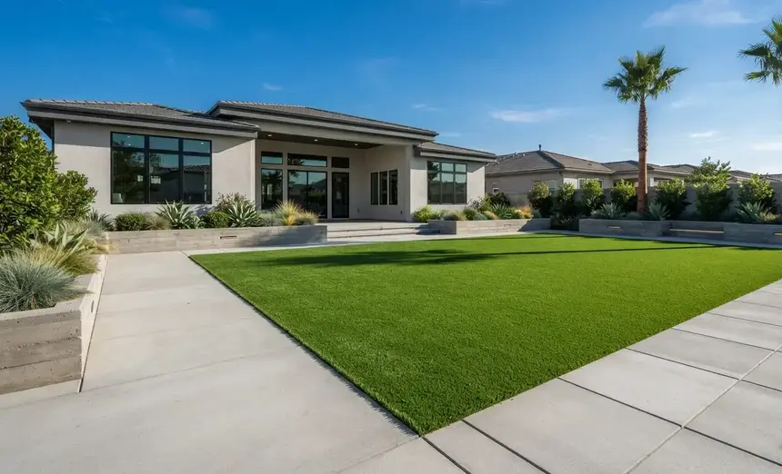 Luxury Southern California backyard featuring professionally integrated artificial turf, contemporary pavers, and drought-tolerant landscaping