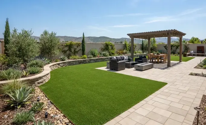 Luxury Inland Empire backyard featuring artificial turf integrated with paver patios, outdoor living spaces, retaining walls, and decorative landscaping