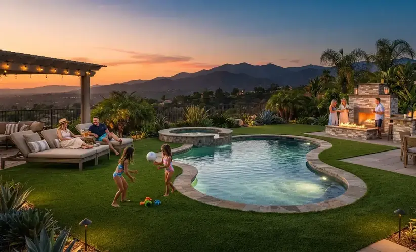 Luxury Inland Empire backyard at sunset featuring a custom swimming pool, premium artificial turf, outdoor kitchen, fire feature, and family enjoying a professionally designed outdoor living space