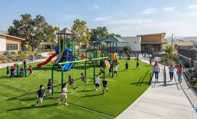Modern elementary school playground featuring premium artificial playground turf in the Inland Empire