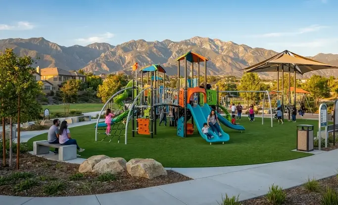 New playground under construction with professionally installed artificial turf in the Inland Empire