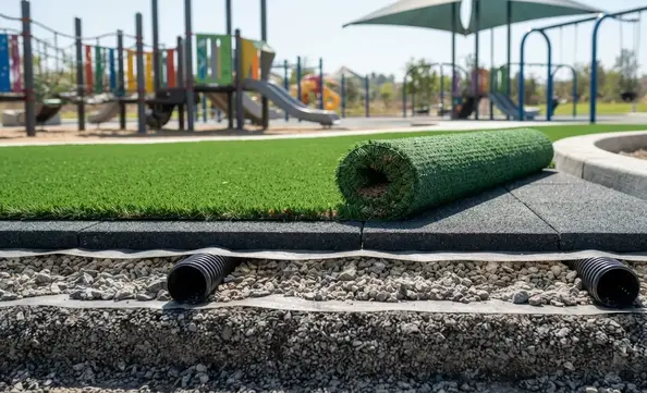 Engineered shock pad system beneath artificial playground turf showing impact absorbing construction layers