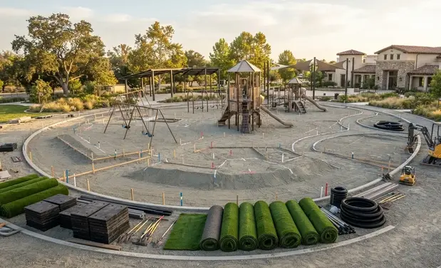 Professionally planned playground artificial turf installation showing grading, drainage design, and equipment layout before construction