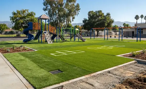 Before and after comparison of playground surface showing transformation from dirt and mulch to engineered turf