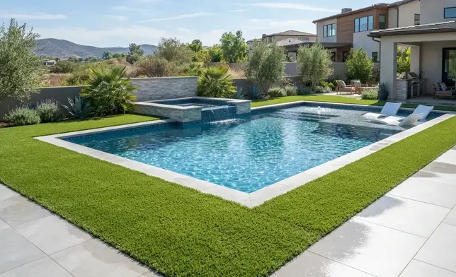 Ultra-clean poolside artificial turf with fast drainage, slip-resistant surface, and barefoot-safe comfort around a modern Inland Empire backyard swimming pool