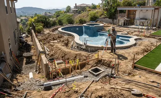 Luxury backyard showing retaining walls, elevation changes, drainage systems, outdoor kitchen construction, pool coping, and engineered artificial turf installation