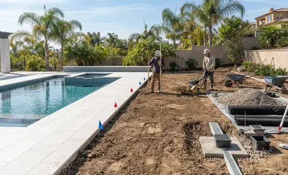Luxury Southern California poolside turf installation showing grading work, drainage components, compacted base materials, and professional construction tools used to engineer a high-performance turf system