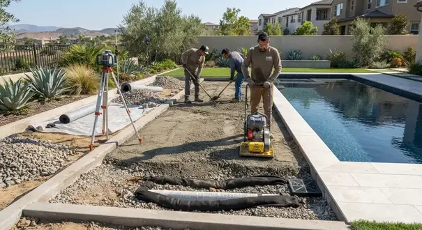 Professional crew preparing engineered base layers for poolside artificial turf installation in an Inland Empire backyard