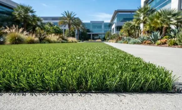 Premium commercial artificial turf fibers installed at a modern office campus in the Inland Empire