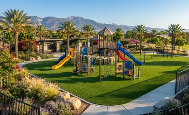Luxury commercial playground featuring professionally installed artificial turf with engineered safety surfacing and premium landscaping