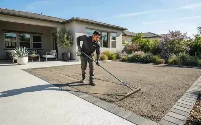 Professional contractor performing precision grading on a compacted artificial turf foundation before synthetic grass installation in Southern California