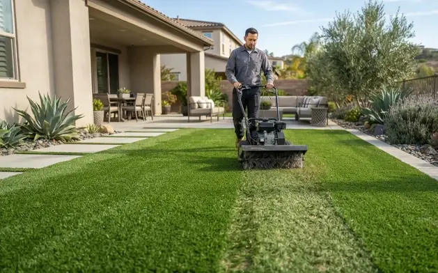 Professional artificial turf maintenance service using specialized grooming equipment to restore synthetic grass fibers