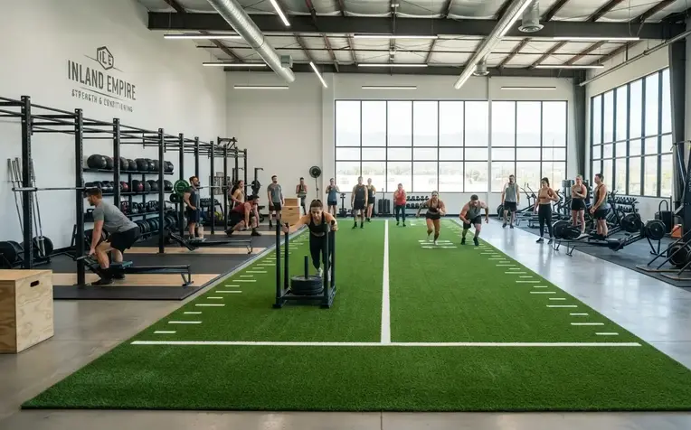 Professional CrossFit gym featuring commercial artificial gym turf installed throughout a modern Inland Empire training facility