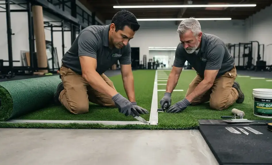Professional installers precisely fitting commercial artificial gym turf inside a modern athletic training facility