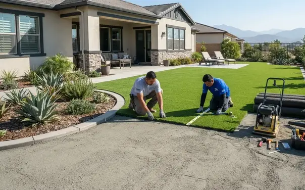 Professional artificial turf installation in progress at a residential Inland Empire home