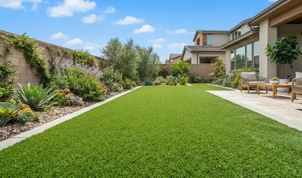 Professionally maintained artificial turf with upright fibers and clean landscaped backyard in the Inland Empire