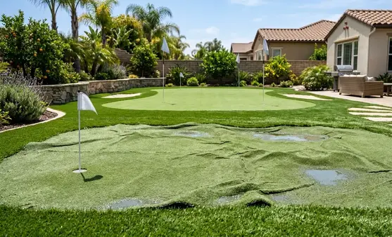 Backyard putting green showing natural contrast between poor installation and professionally engineered construction