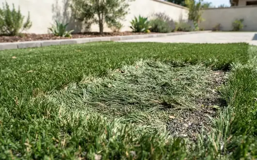 Artificial turf showing flattened fibers and professional restoration in the Inland Empire