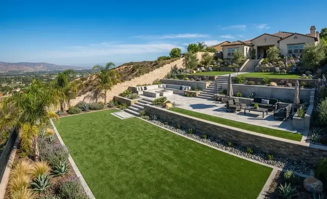 Sloped backyard transformed with retaining walls, terraced artificial turf, and integrated hardscape features