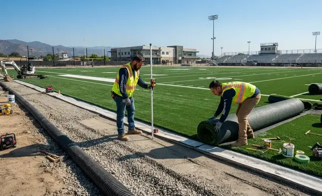 Professional sports turf installation process showing engineered athletic field construction, drainage systems, and premium artificial turf preparation