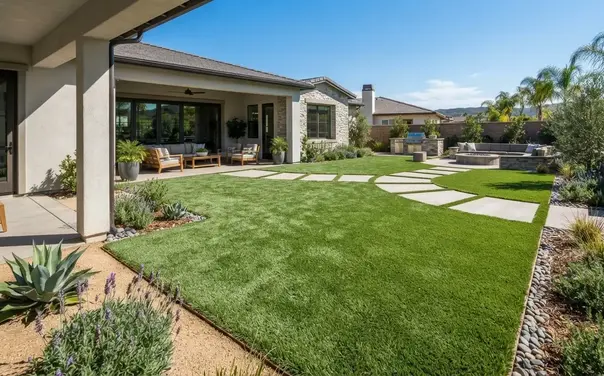 Artificial turf installation in Riverside California backyard