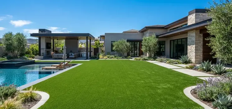 Luxury Southern California backyard featuring professionally installed artificial turf landscaping