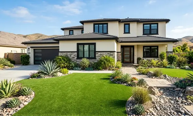 Water saving artificial turf lawn at Southern California home